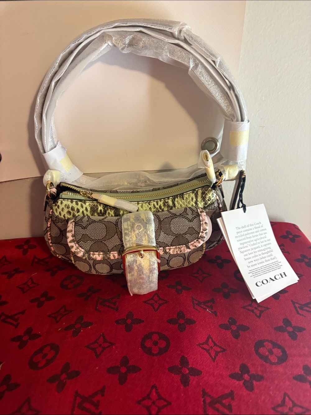 Coach Brown Signature Mini Shoulder Bag with Pink and Yellow Accents